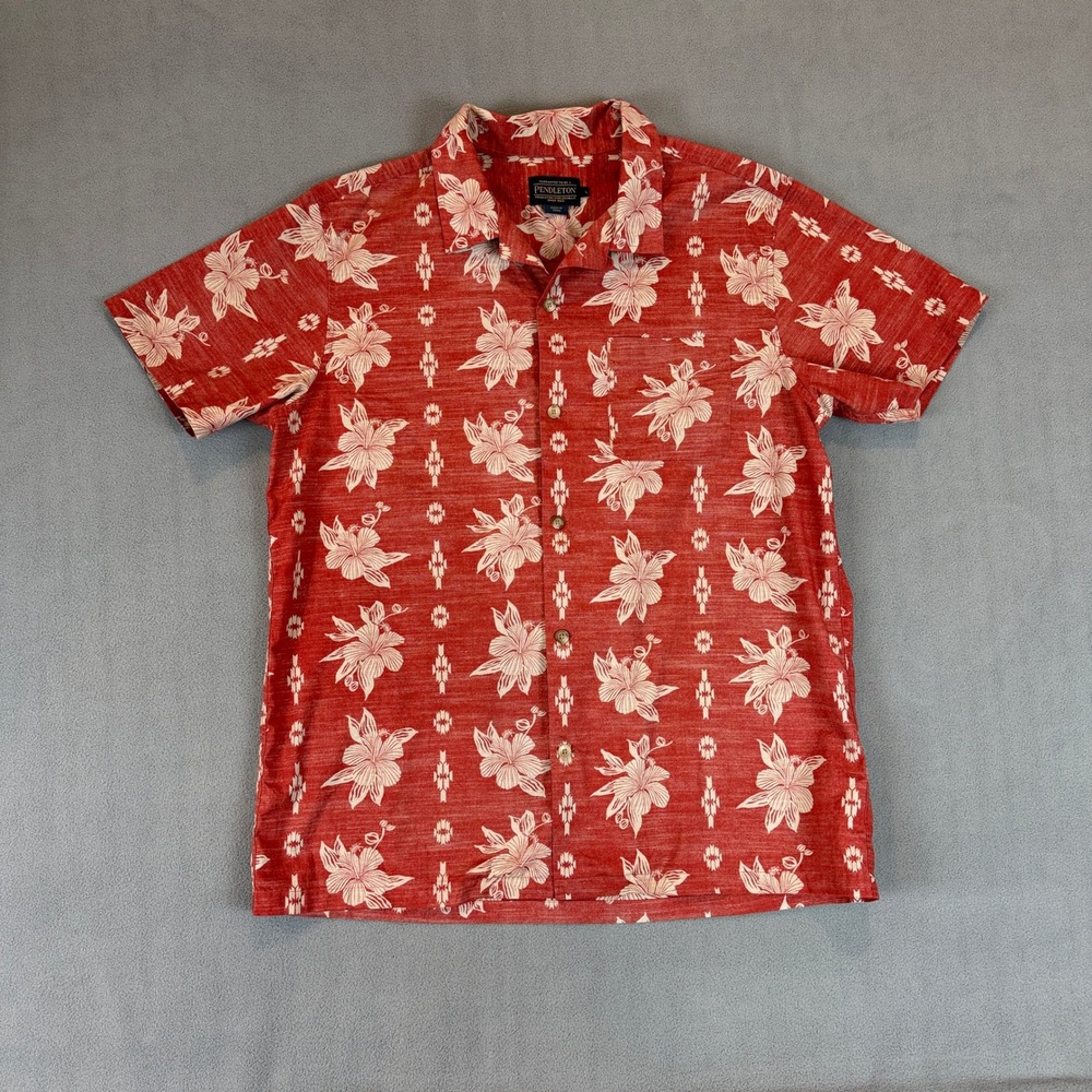 Pendleton Button Up Shirt Mens S Red Floral Hibiscus Cotton Beach Vacation